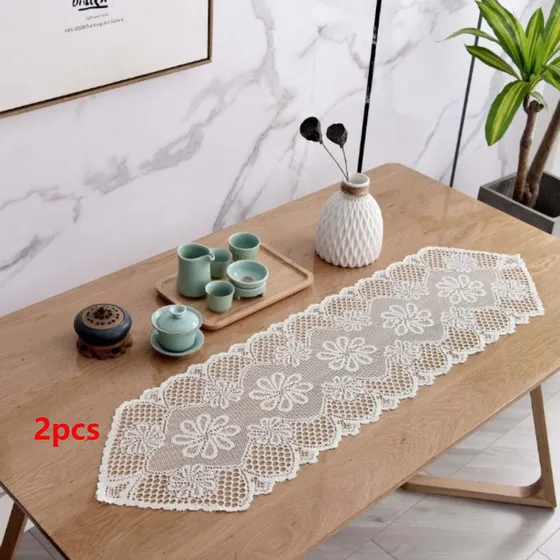 Mantel De Encaje Bordado De Encaje Hueco, 2 Piezas