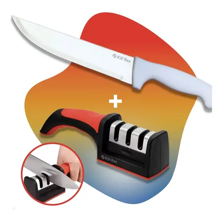 Kit Afiador Amolador De Faca + Faca Inox De Cozinha Grande Profissional Receitas Chef - Marca Kill Rex Vermelho/preto + Branco
