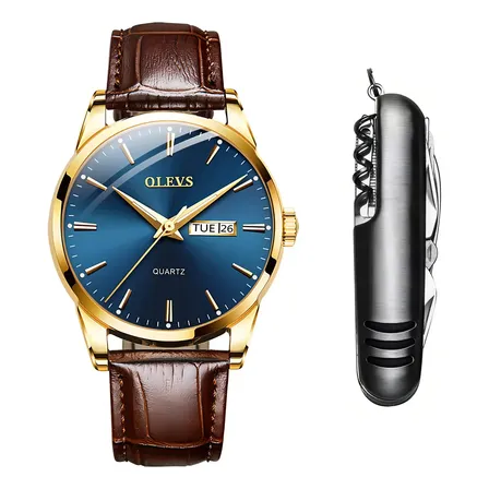 Relógio Masculino Dourado Casual Pulseira Luxo + Canivete Cor Da Correia Marrom Cor Do Fundo Azul