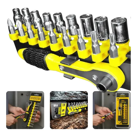 Jogo Chave Catraca + Bits + Soquetes C/ 19 Peças Aço Carbono Cromado