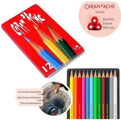 Lápis Aquarelável Profissional Suiço Caran D'ache 12 Cores