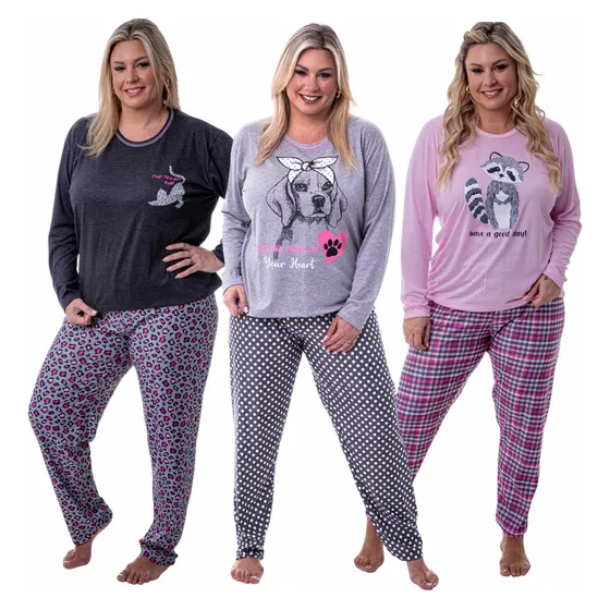 Kit C/ 3 Pijamas Casuais Feminino Plus Size Lua Chic Inverno