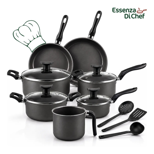 Conjunto completo de 10 panelas antiaderentes pretas da marca Essenza Di Chef, incluindo frigideiras, caçarolas, panelas com tampa e utensílios de cozinha