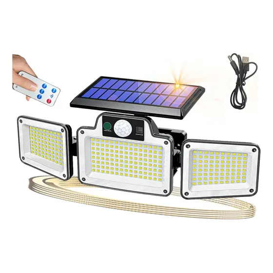 Lámpara Solar Exterior 280 LED con Sensor de Movimiento PIR 3 Modos IP65 Recargable por Energía Solar para Jardín Pasillos Escaleras Entrada Portón Seguridad Nocturna Comerliv Negra Sin Cables