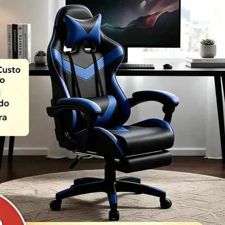 Cadeira Gamer Sweet Studio Ergonômica Reclinável em Couro Sintético Azul com Apoio de Pés