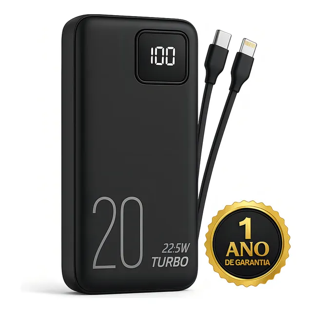 Carregador Portátil Power Bank Turbo 20000mah Universal Para iPhone Samsung Motorlola Xiaomi 20w Com Display Digital Dtimp Preto