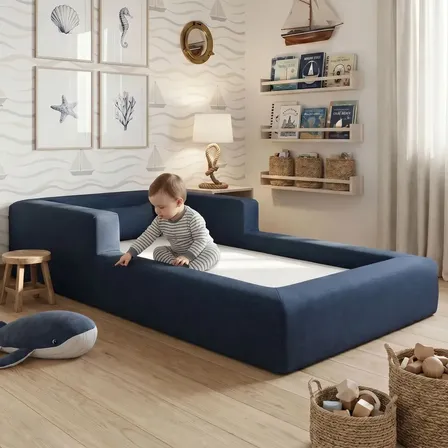 Cama Montessoriana Solteiro Aconchego 100% Espuma Cor Azul