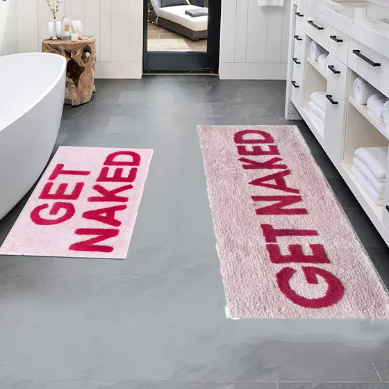 Juego 2 Alfombra Baño Texto Ingl  Get Naked  Bonita +