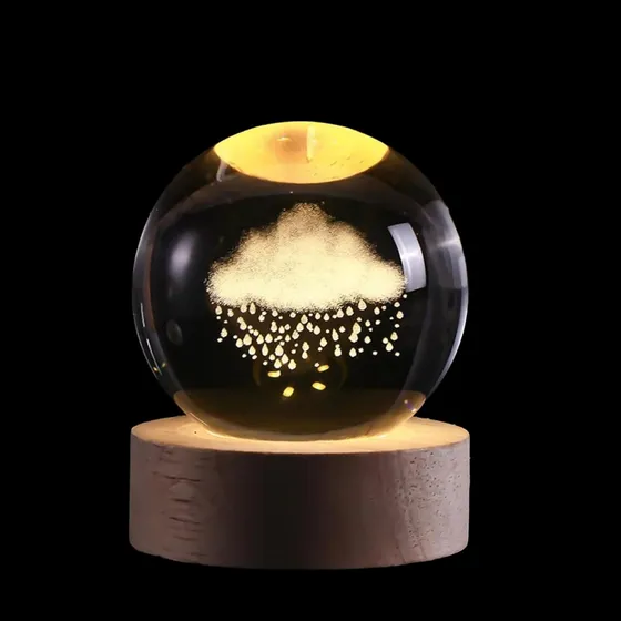 Lámpara De Noche Luz Mesa Bola Cristal Decorativa Estructura Amarillo Pantalla Nube De Lluvia
