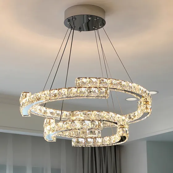 Lustre Pendente Cristal Luxo Led 2 Arcos Anéis Com Remote