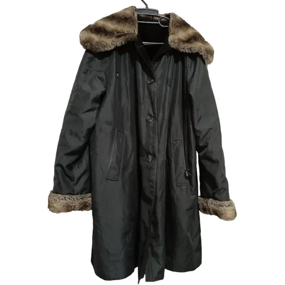 Tapado Chaqueta Campera Larga Negra Con Piel Sintética