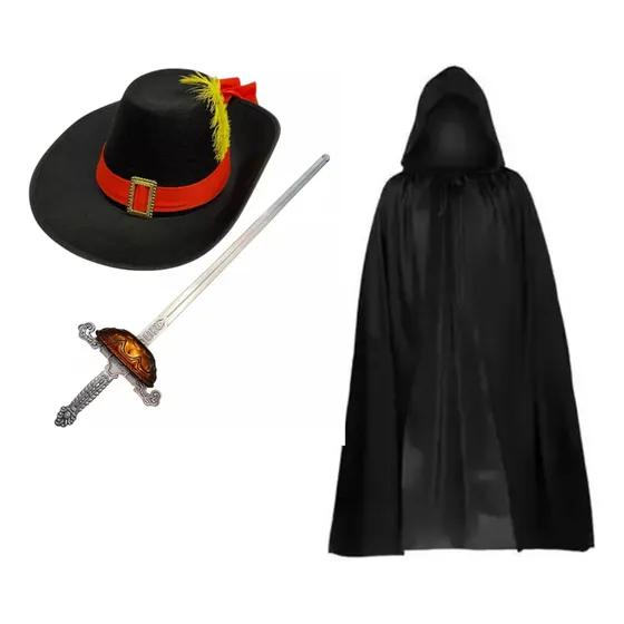 Disfraz Gato Con Bota Sombrero Capa Espada Negro Capa 80 Cm