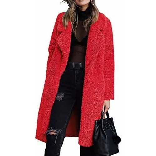 Angashion Mujer Fuzzy Fleece Lapel Open Front Long Cgm4i