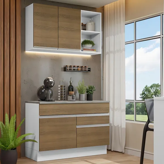 Mueble de Cocina Integral Glamy 120 cm Con Encimera - Blanco/Marrón 08