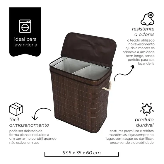 Cesto Organizador de Roupas Sujas Multiuso Reservatório Duplo Bambu Com Tampa Escuro
