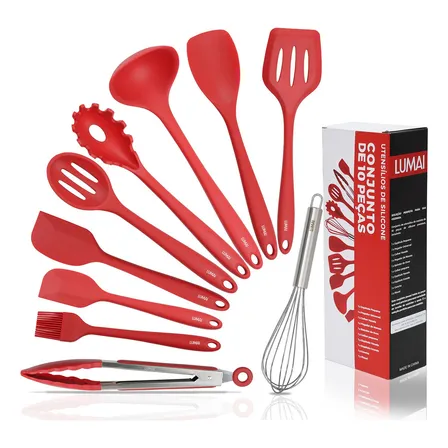 Lumai Kit De Utensilios De Cozinha De Silicone Maciço Miami Premium - Conjunto Com 10 Peças Livre De Bpa - Jogo Com... Vermelho