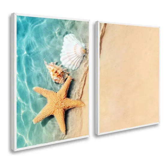 Kit Quadros Decorativo Conchas Estrelas Do Mar Areia Moldura