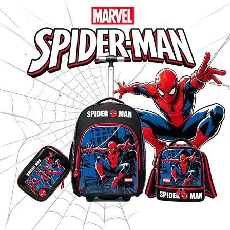 Kit Mochila Rodinha Spider Man Lancheira Estojo Marvel Preto Homem Aranha