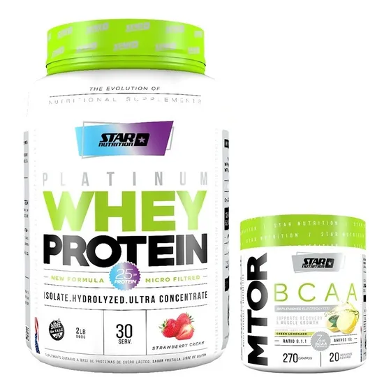 Proteina Whey Star Nutrition 2 Lb + Mtor 270 Gr Sabor Strawberry Cream + Green Lemonade