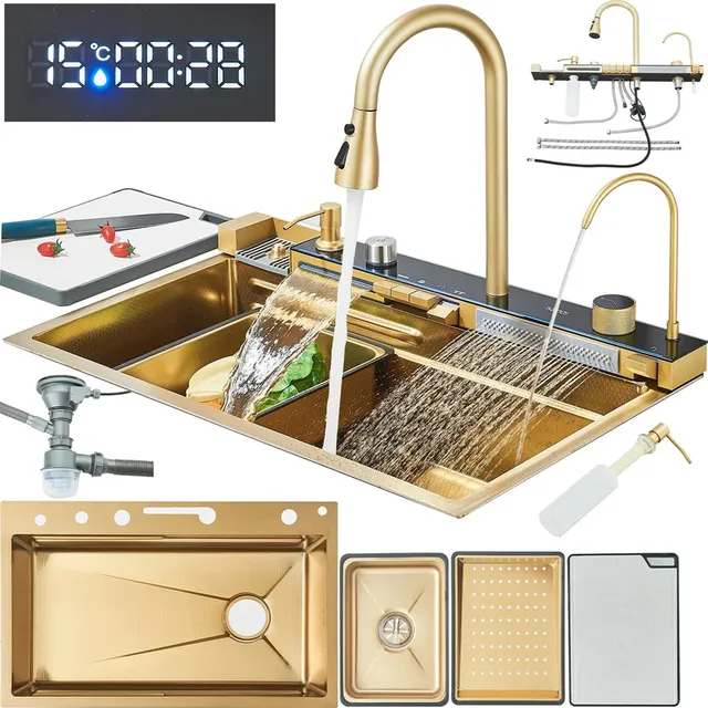 Fregadero De Cocina Multifuncional De Cascada De Raskin75*45 Dorado Oscuro