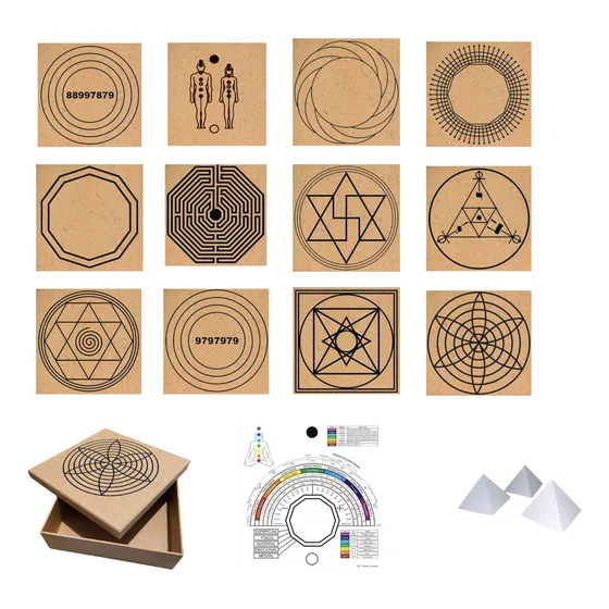 Kit 12 Gráficos Radiônicos -mdf + Caixa + Relógio + Pirâmide