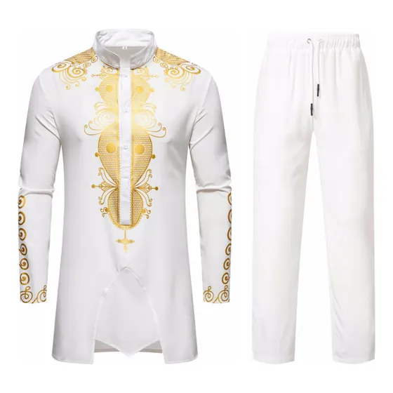 / Camisa E Calça Masculinas Africanas Estampadas Em Ouro, 2