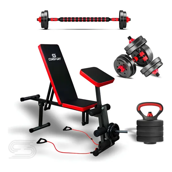 Banqueta e Kit Halteres Barra Kettlebell Dumbell Pesos Cor Preto