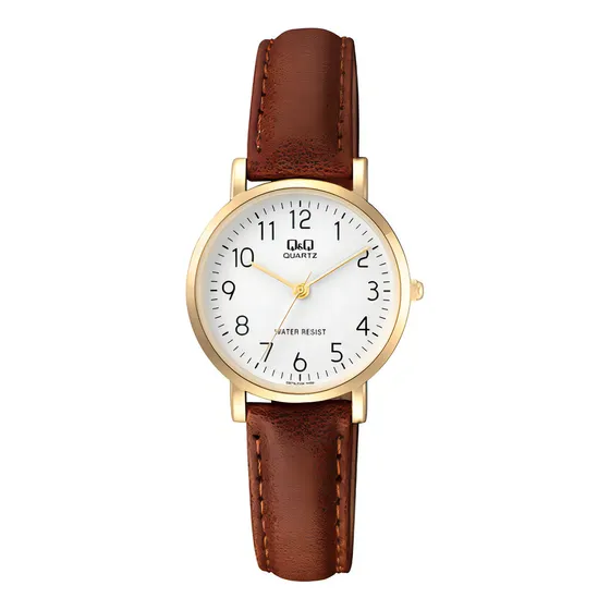 Reloj Q&q Qyq Q979j104y Casual Cuero Mujer Dama + Estuche Color De La Correa Marrón Oscuro