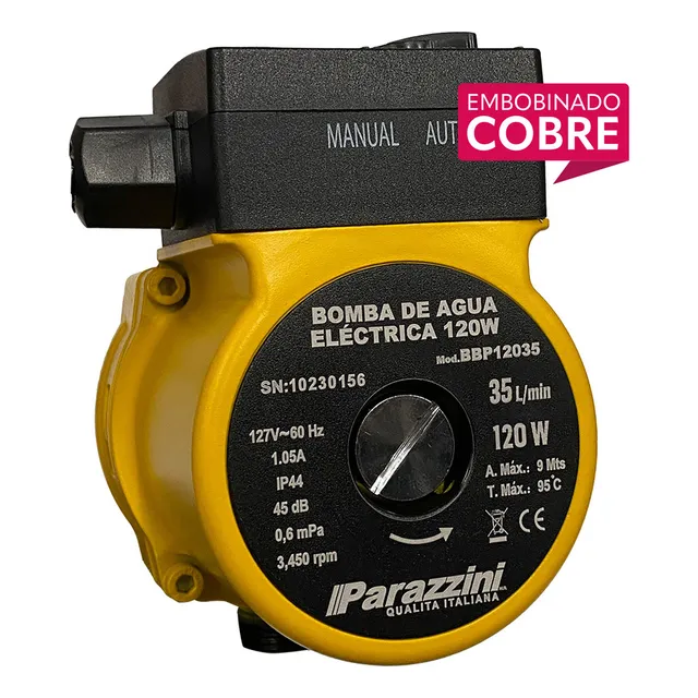 Bomba Presurizadora 1/6 Compacta Y Silenciosa 35 l/min con Embobibado de Cobre 127V Altura Max 9 mts Desc 3/4 plg y Succ 3/4 plg Parazzini BBP12035