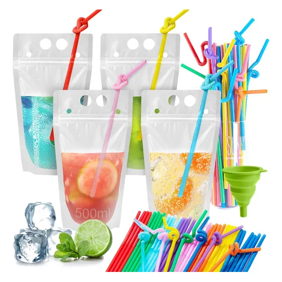 100pz Bolsa Bebida Reutilizables Portátil Con Pajitas 500ml