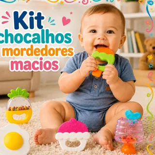 Kit Mordedores E Chocalho Bebê Macio Sensorial Educativo Colorido Co