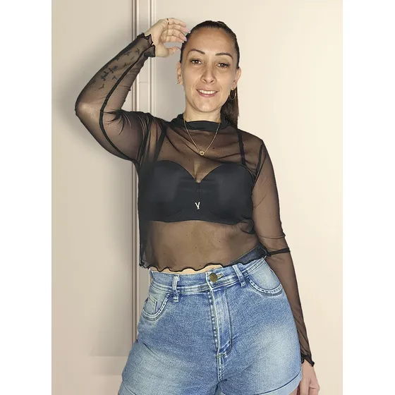 Crop Top Mujer Microtul Corto Sexy Manga Larga Transparente