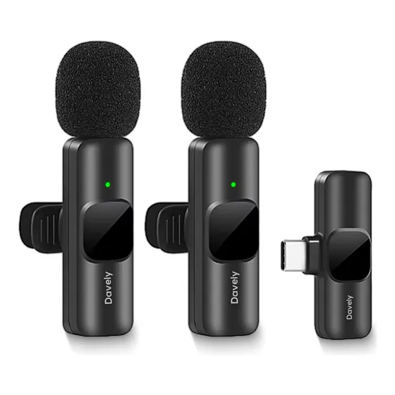Microfone Sem Fio Duplo Lapela Para Android iPhone Profissional Cor Tipo C Davely