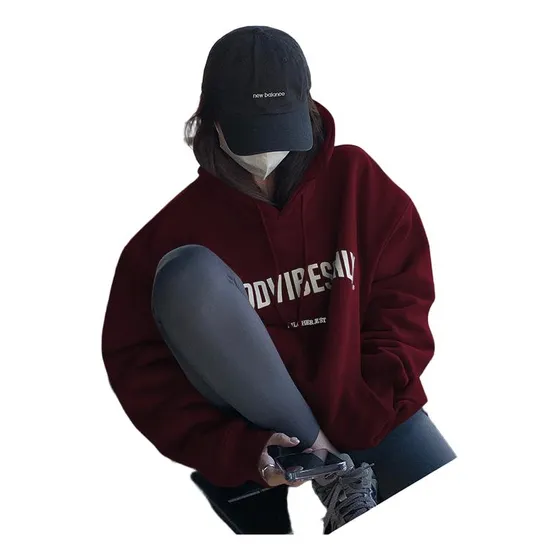 Sudadera De Forro Polar Con Capucha Y Letra Holgada De Otoño E Invierno
