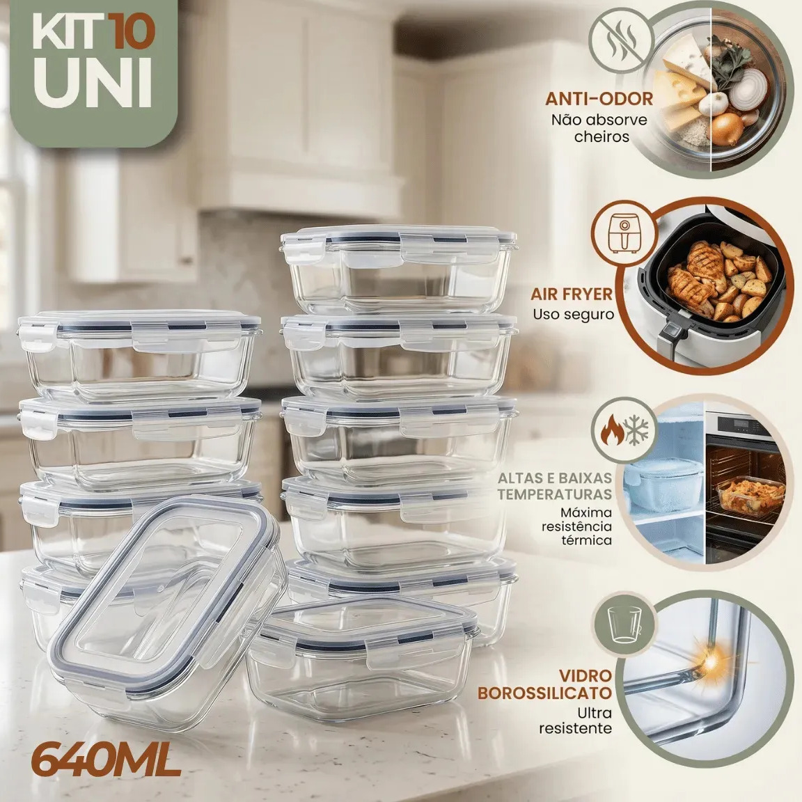Kit 10 Pote De Vidro Marmita Hermético 640ml Freezer Fitness Rishon