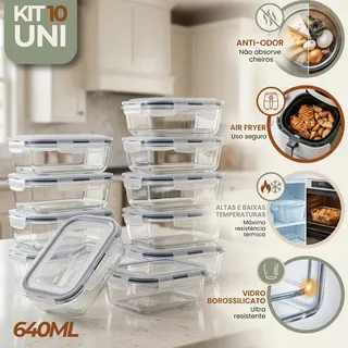 Kit 10 Potes Vidro 640ml Hermético