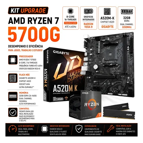 Kit Upgrade Amd Ryzen 7 5700g + A520m-k + 32gb 3200mhz Cor Preto