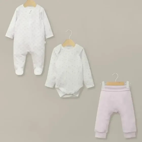 Conjunto 3 Osito, Body Y Pantalón Lila De Bebé Niña Talla 18m