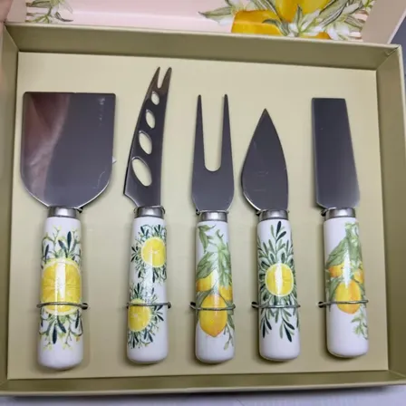 Jogo 5 Facas Para Queijo Estojo Decorado Limão Siciliano Amarelo