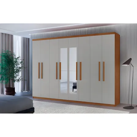 Guarda-roupa Casal Moderna Hera Premium 8 Portas Com Espelho Mdf Off White Naturalle/off White
