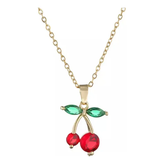 Collar Cereza Moda Rojo Verd Fashion Trendy Hoja Moda Cherry