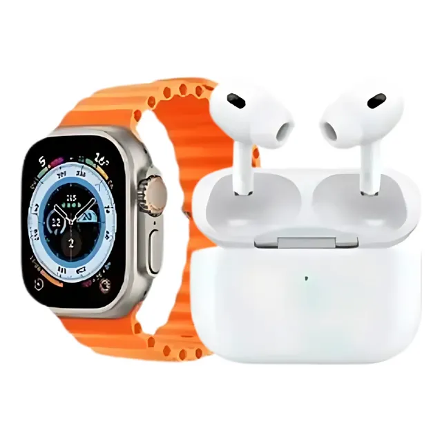 Combo Reloj Watch X8 Ultra + Audifonos In Ear + Power Bank Blanco Deportivo Naranja Plateado