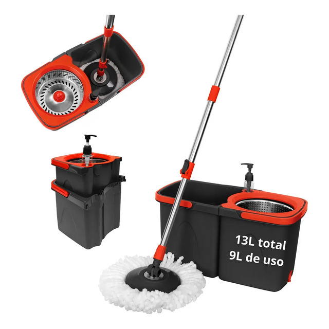 Mop Esfregão Duo Giratório Desmontável Duas Águas Cesto Inox Cor Cinza-escuro