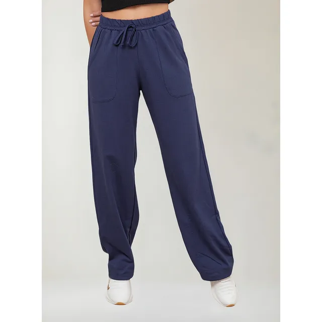 Calça Feminina Wide Leg Azul Marinho Com Bolsos Promoção