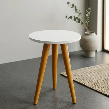 Mesa Lateral Redonda Retrô Branca De Mdf Para Sala E Quarto Com Pés Palito Premium Branco/freijó