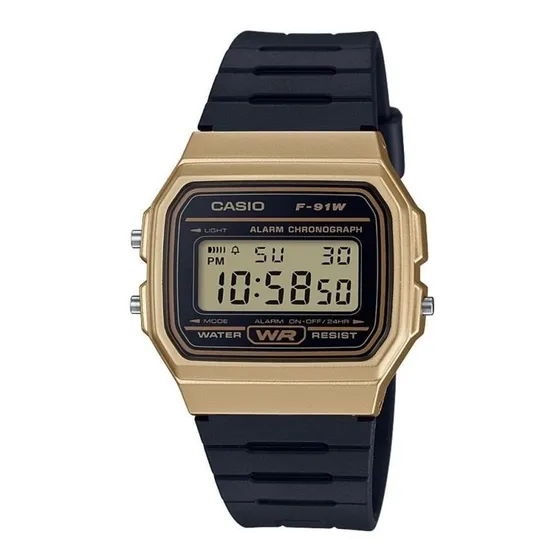 Reloj de pulsera Casio Collection F-91WM-9A de cuerpo color dorado, digital, para hombre, fondo dorado, con correa de resina color negro, dial negro, bisel color negro y hebilla