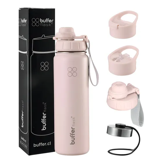 Termo Botella Agua Termica Buffer 700ml Acero Inoxidable + 4 Tapas Pinky