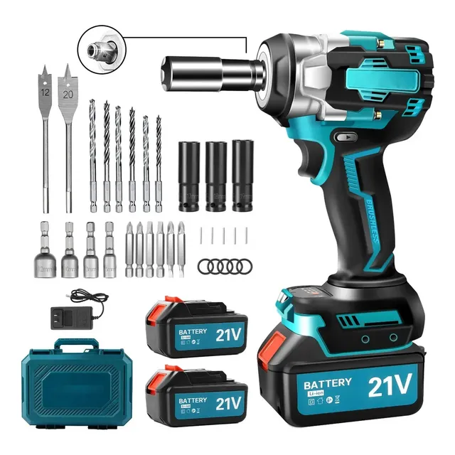 Llaves De Impacto Inalámbrico Eléctrica Pistola 21v Con 2 Baterías Recargables Y Taller Taladro Atornillado Eléctrico Profesional Mandril 1/2 Ideal Para Autos Sin Escobillas