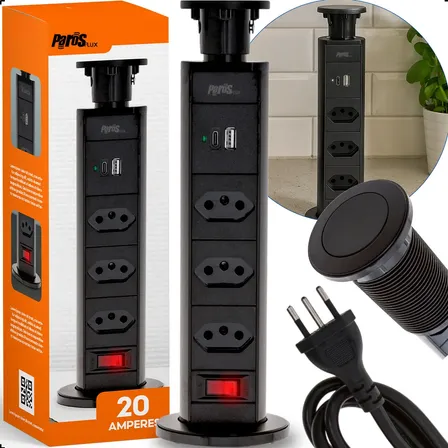 Torre De Tomada Retrátil 20a De Embutir Impermeável Preto Mesa Bancada Cozinha Escritório Usb Alta Potência Elétrica Premium