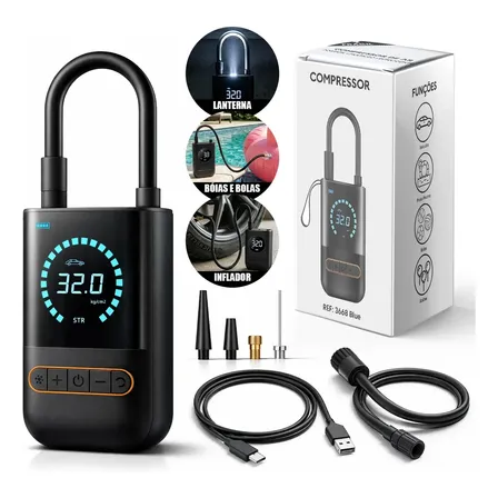 Compressor De Ar Digital Pneu Calibrador Portátil Para Carro Moto Bike Sem Fio Mini Bomba De Ar Elétrico Tela Digital Led Preto 127/220v 60 Hz Monofásica